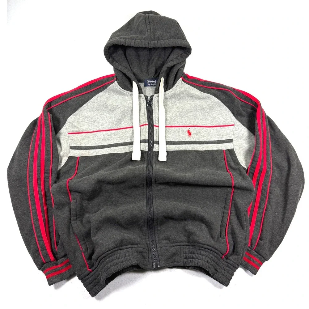 Vintage 90s Polo Ralph Lauren Hoodie Mens M Fits L Gray Red Colorblock Zip Y2K